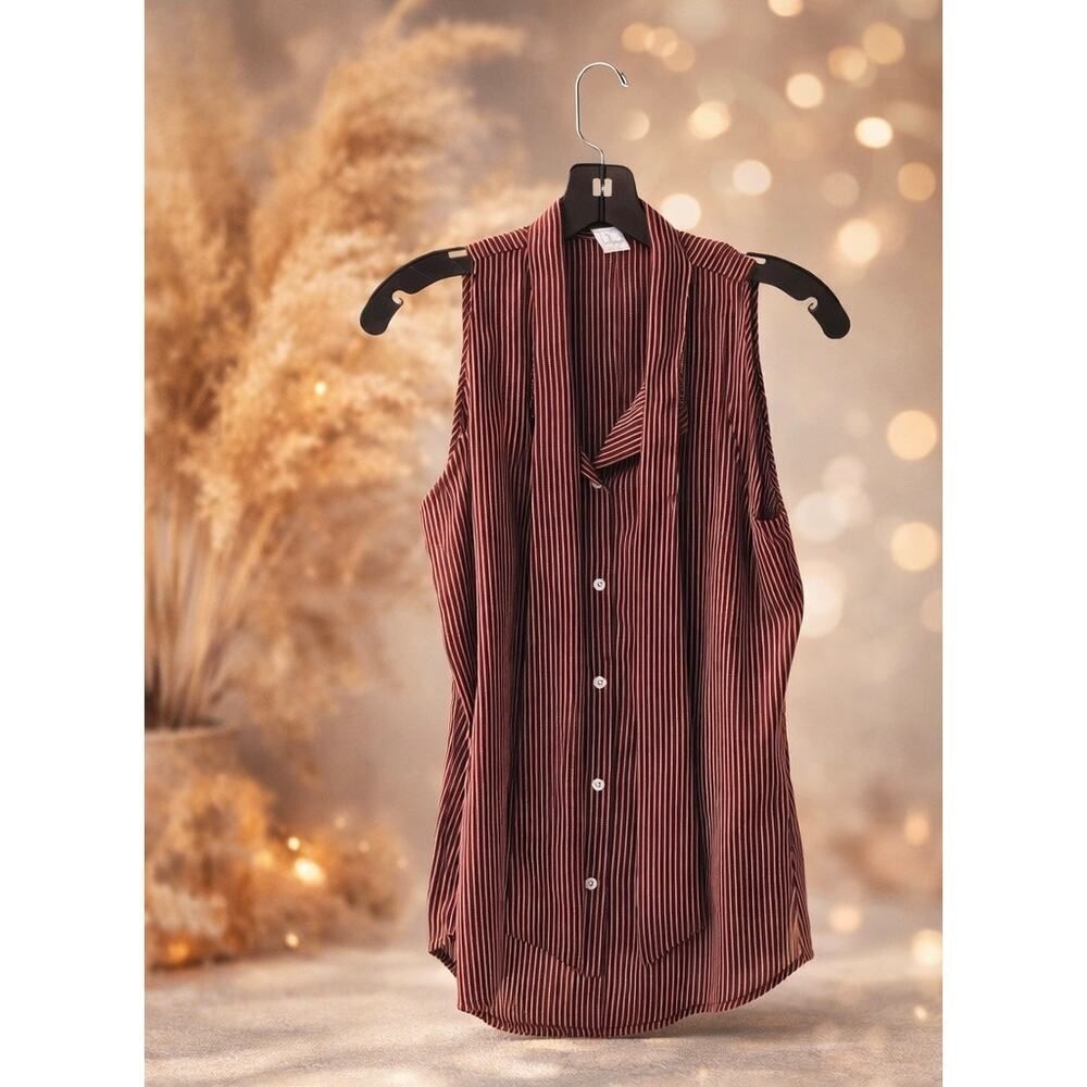 American Apparel Women's Brown Pinstripe Tie Neck Sleeveless Blouse Size small